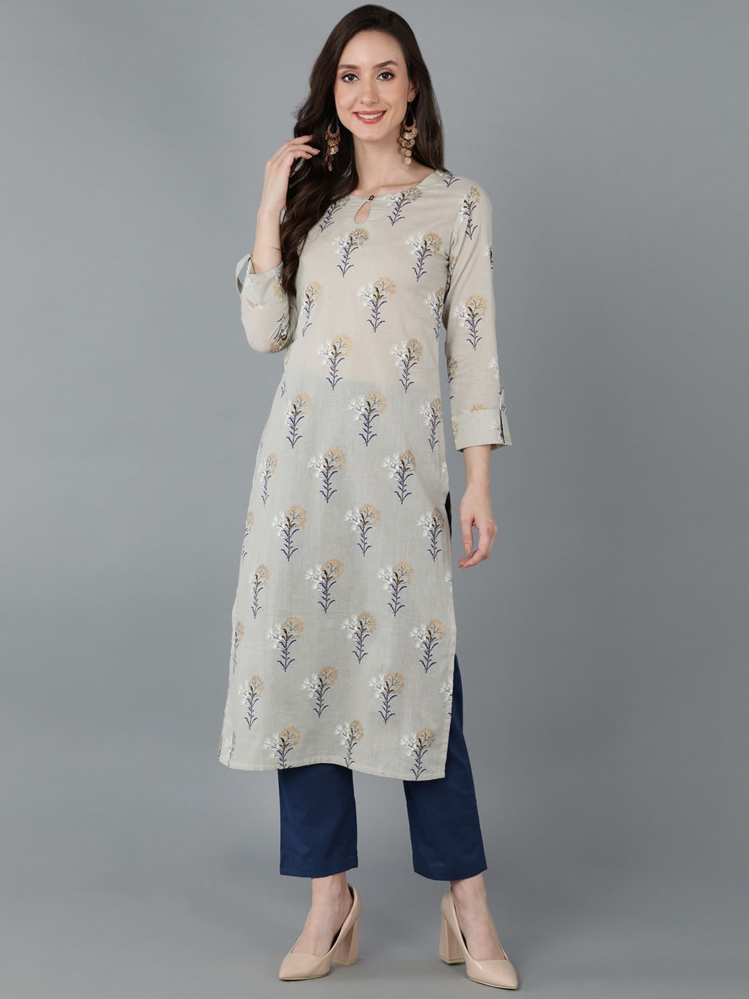 

AHIKA Women Beige & Mustard Yellow Floral Printed Keyhole Neck Cotton Kurta