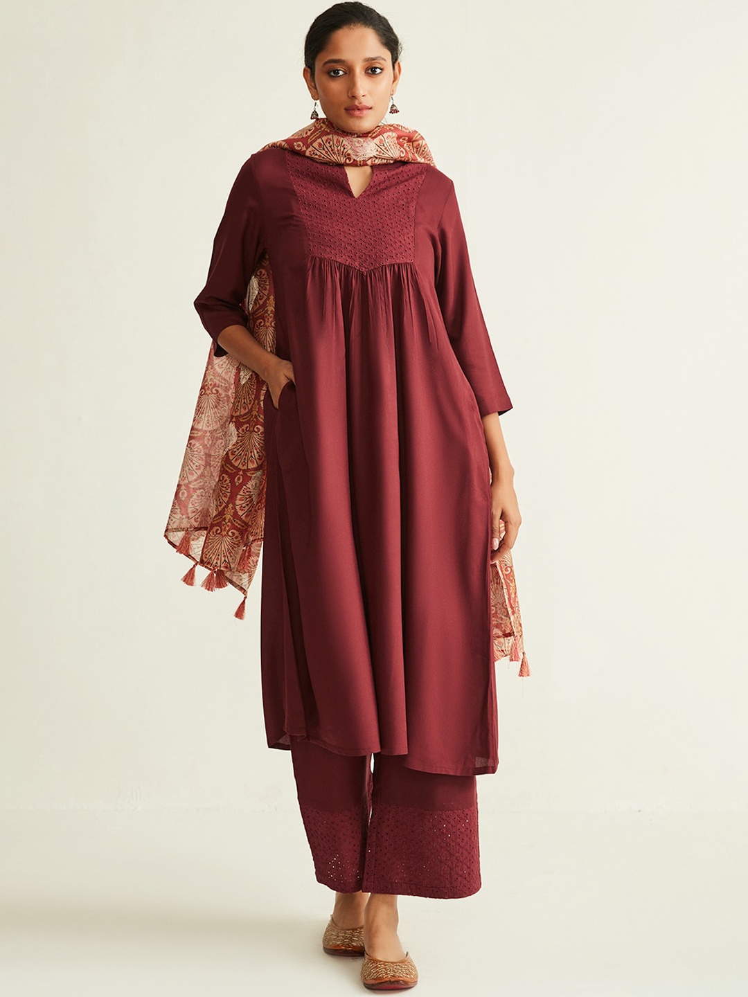 

Ancestry Women Maroon Pleated A-Line Kurta