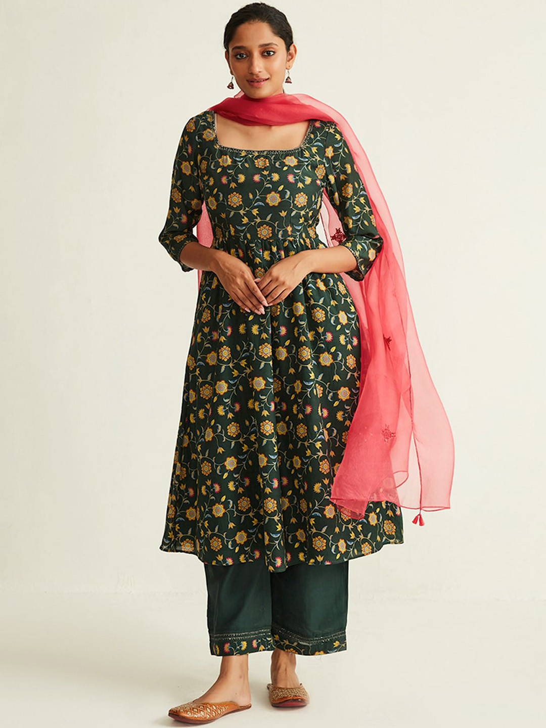 

Ancestry Women Teal & Mustard Yellow Floral Printed Flared A-Line Cotton Kurta