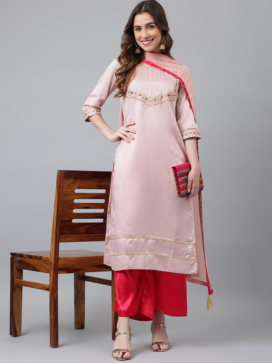 

Khushal K Women Pink Floral Embroidered Sequinned Kurta with Palazzos & Dupatta