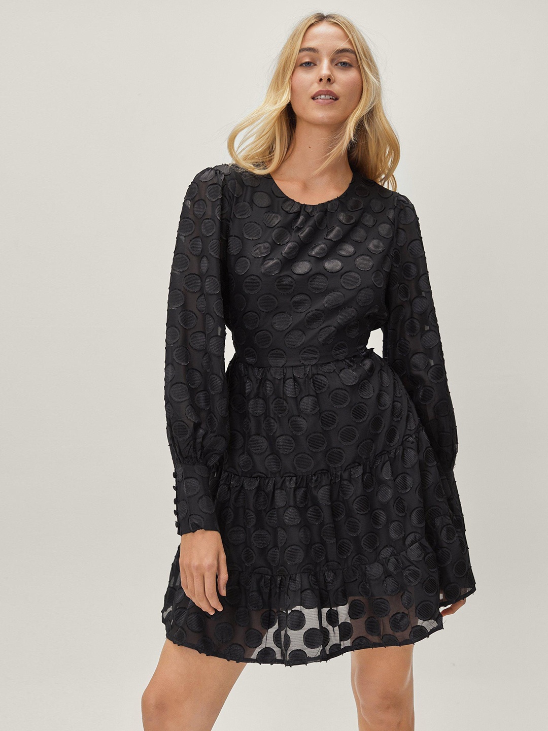 

NASTY GAL Black Jacquard Polka Dot Tiered Mini Skater Dress