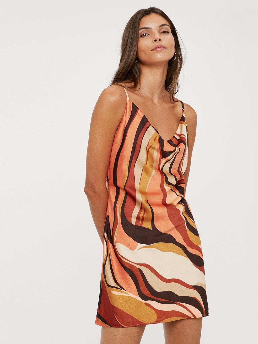 

NASTY GAL Brown & Peach-Coloured Cowl Front Mini Slip Dress