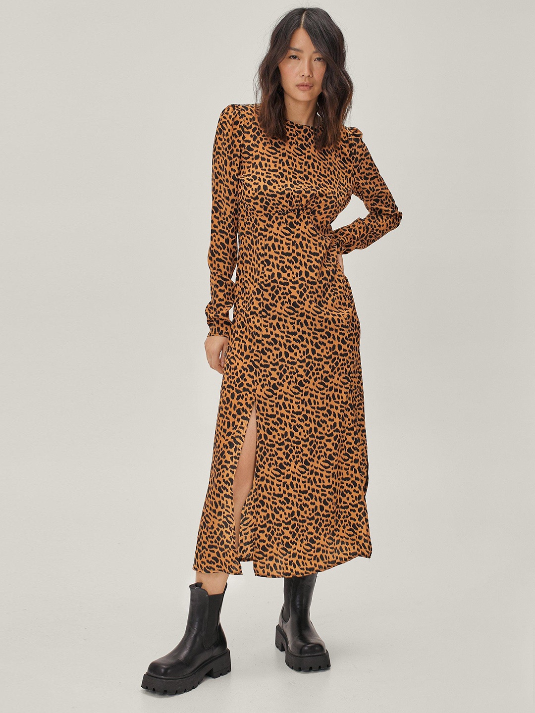 

NASTY GAL Mustard Yellow & Black Animal Print A-Line Midi Dress