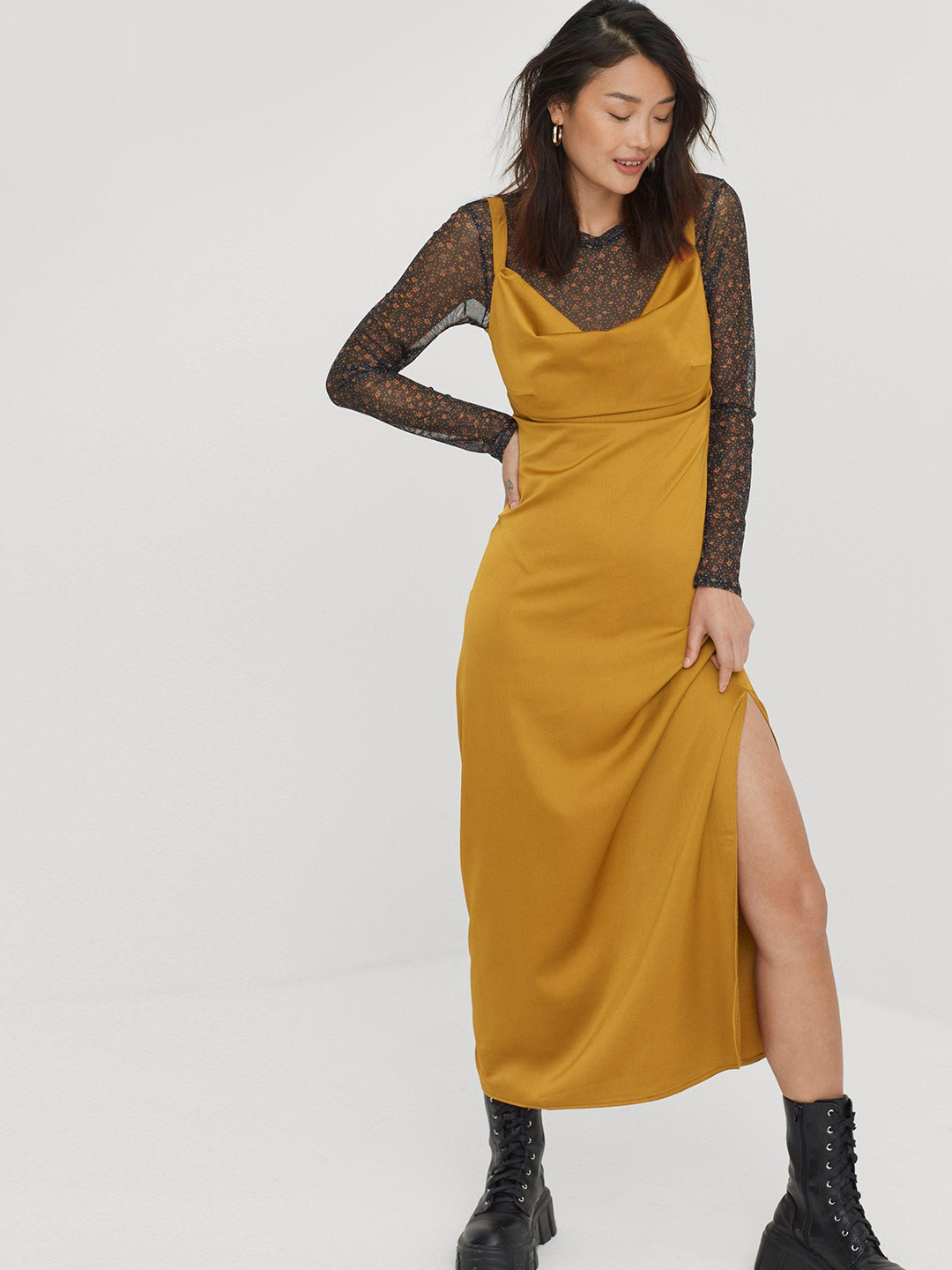 

NASTY GAL Mustard Yellow Satin Cowl Cross Back Maxi Dress