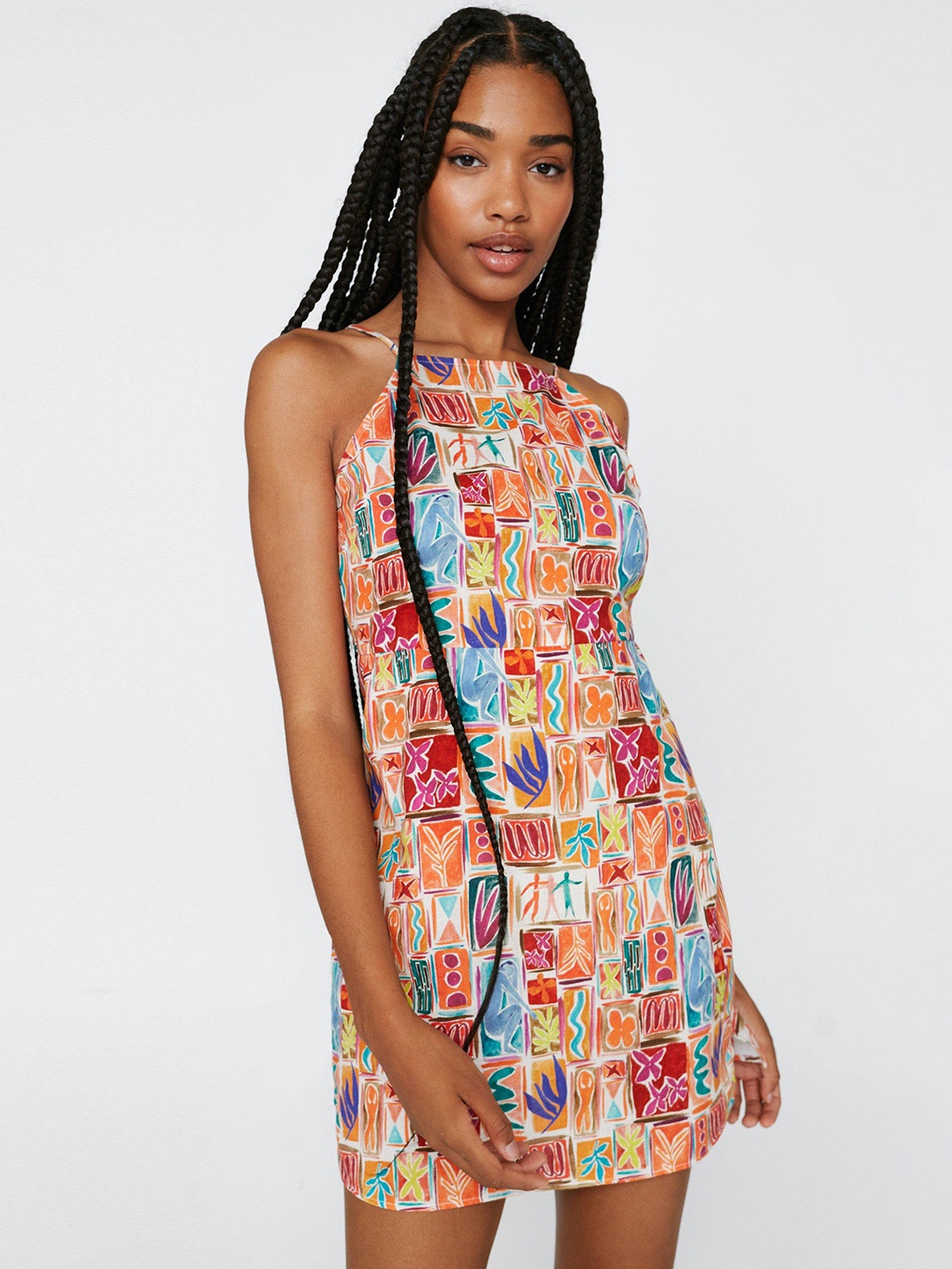 

NASTY GAL Multicoloured Cotton Linen Tile Print Mini Dress, Multi