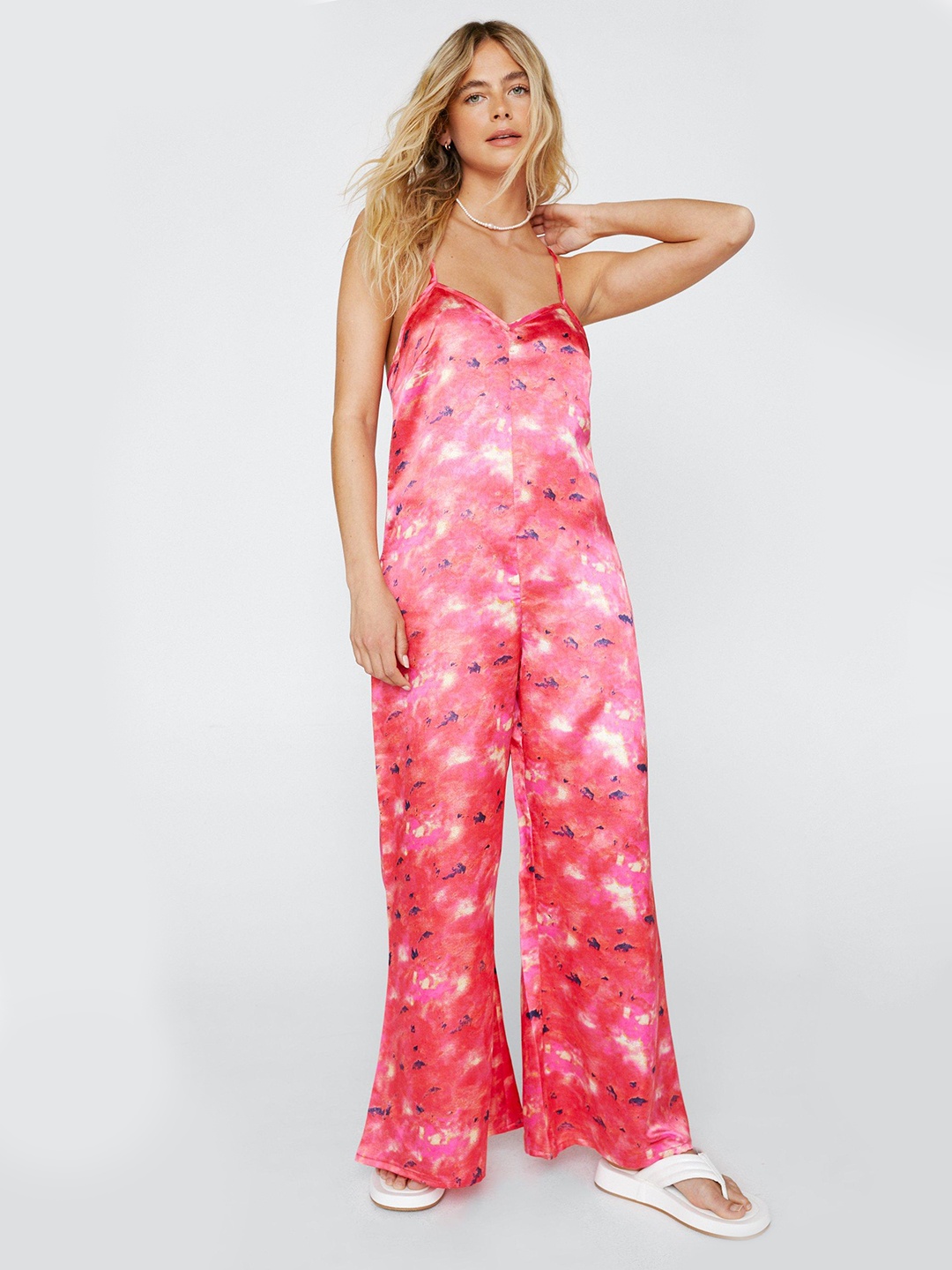 

NASTY GAL Pink Dyed Cross Back Satin Jumpsuit