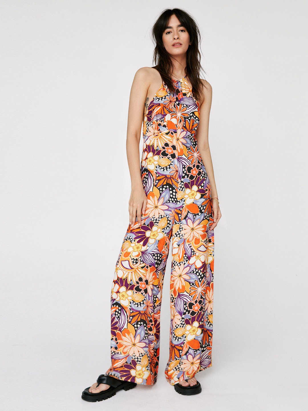 

NASTY GAL Multicoloured Halter Neck Floral Print Strappy Back Jumpsuit, Multi
