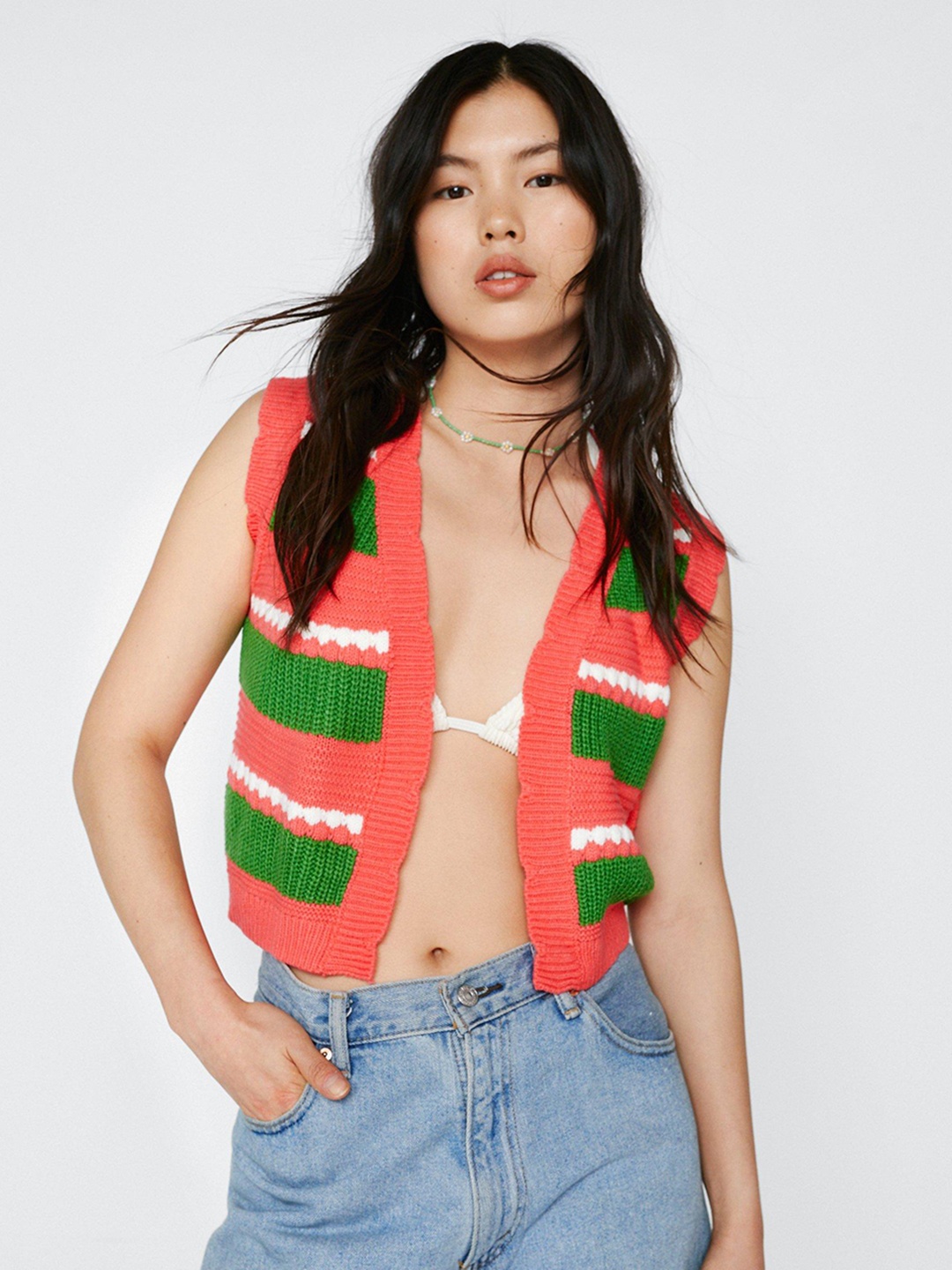 

NASTY GAL Women Pink & Green Acrylic Striped Scallop Contrast Stitch Open Front Sweater