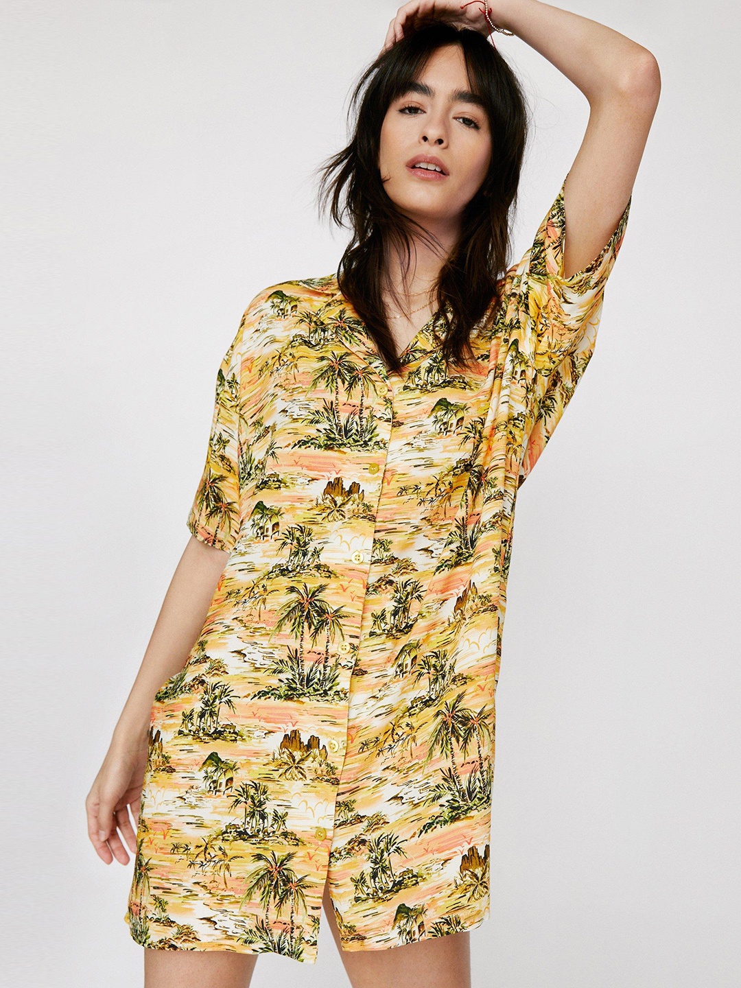 

NASTY GAL Yellow & Green Tropical Print Shirt Mini Dress