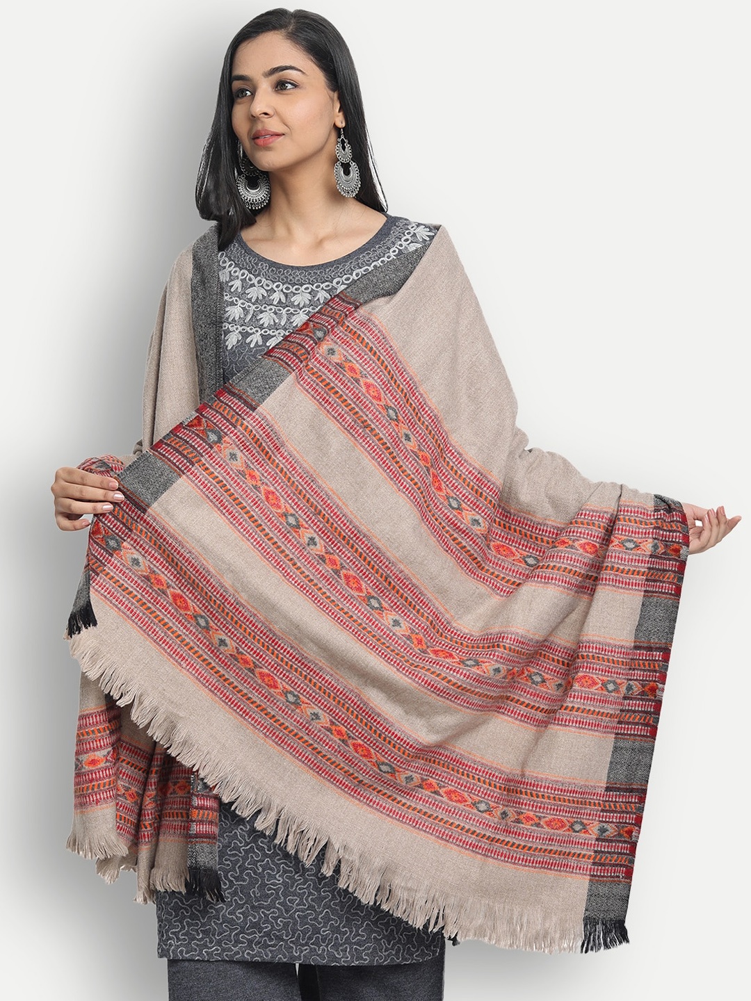 

Zamour Women Grey & Red Woven-Design Striped Himalayan Kullu Weave Acrylic Shawl