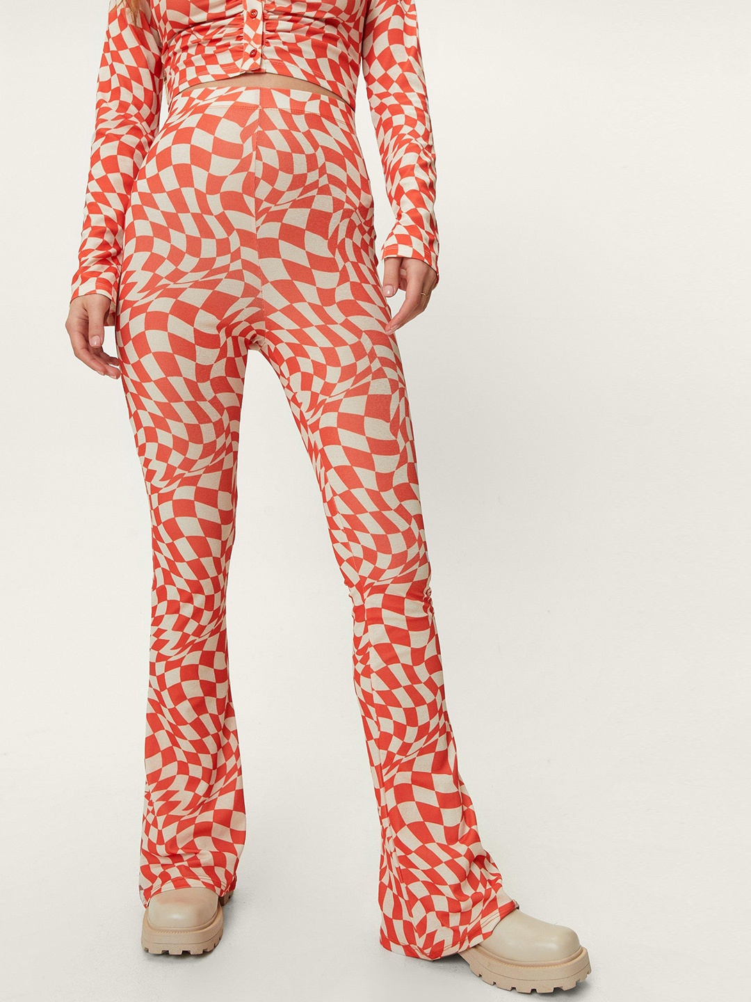

NASTY GAL Women Orange & Off-White Abstract Tile Print Flared High-Rise Trousers