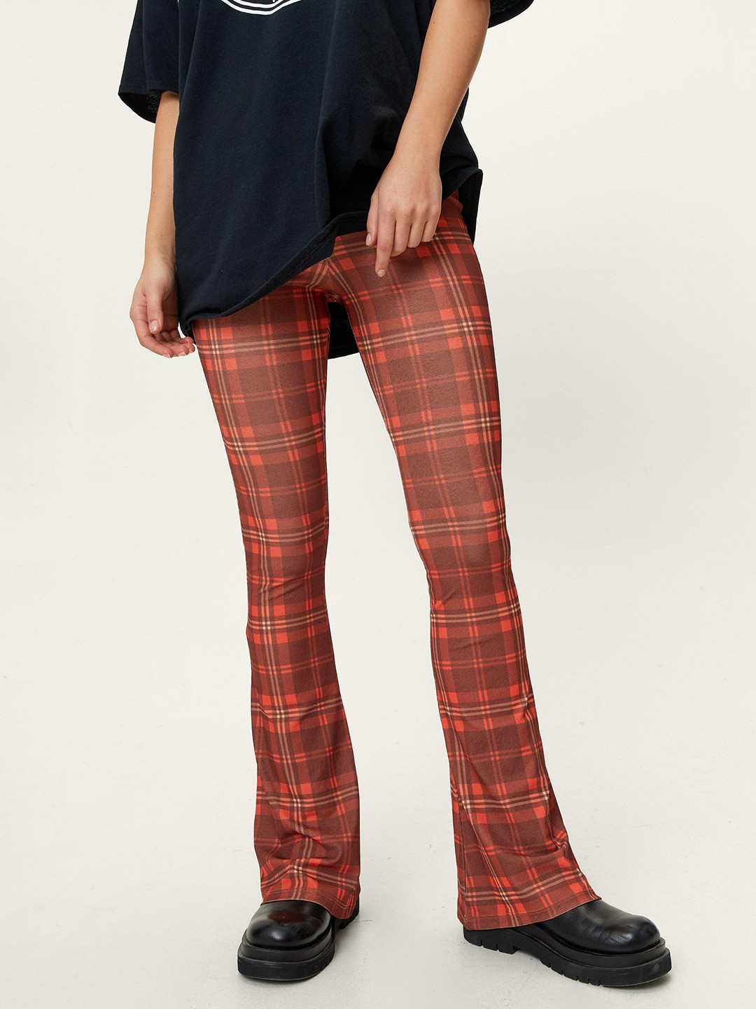 

NASTY GAL Women Orange & Brown Checked Flared High-Rise Trousers
