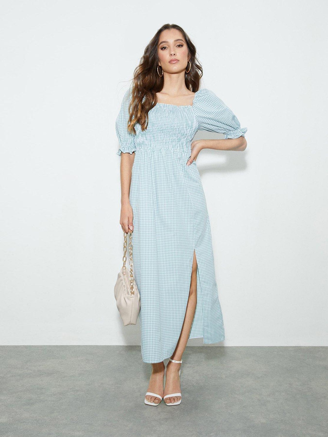 

DOROTHY PERKINS White & Green Checked Maxi Dress