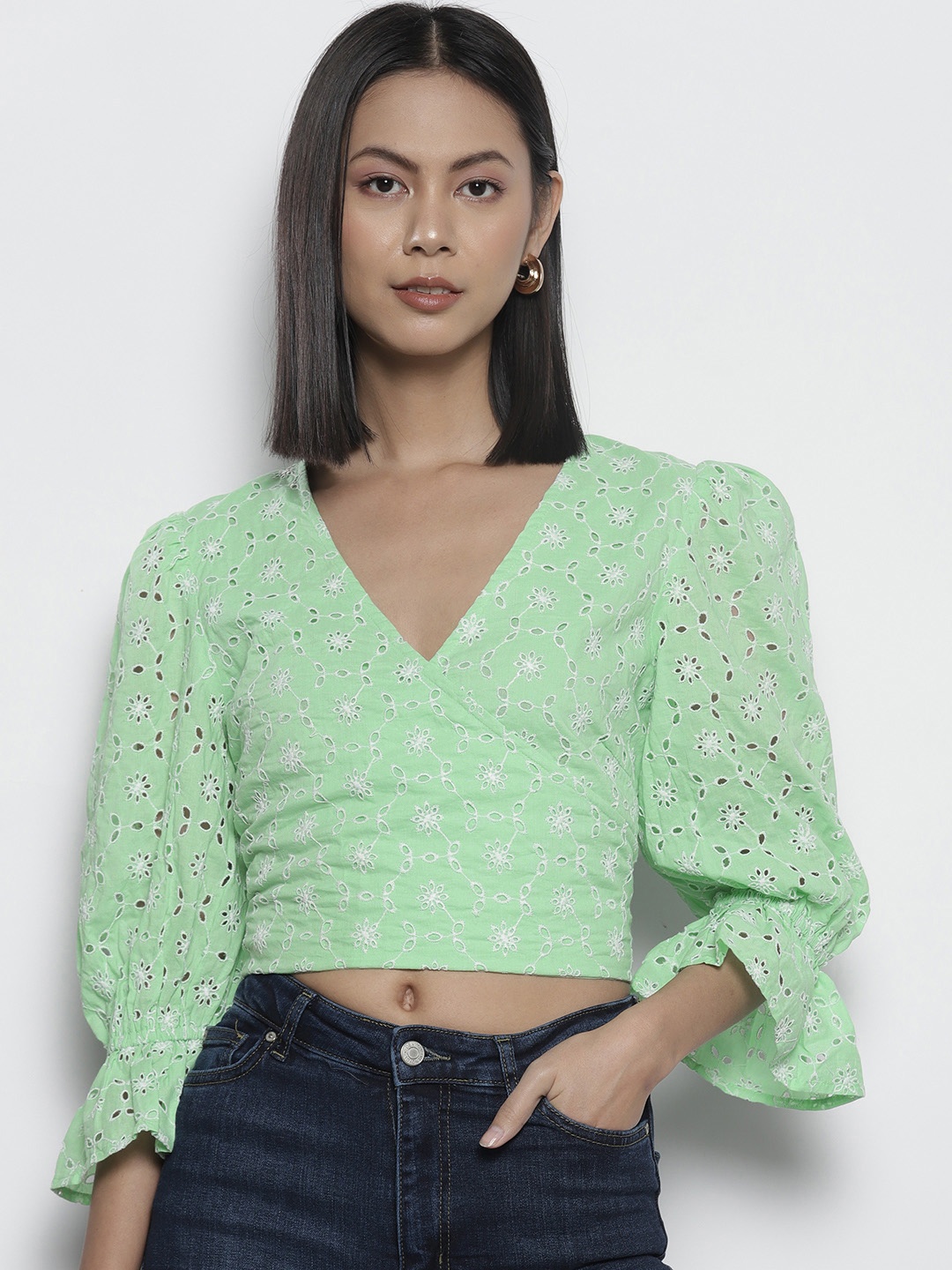 

DOROTHY PERKINS Floral Schiffli Cut-Out Smocked Cotton Styled Back Crop Top, Green