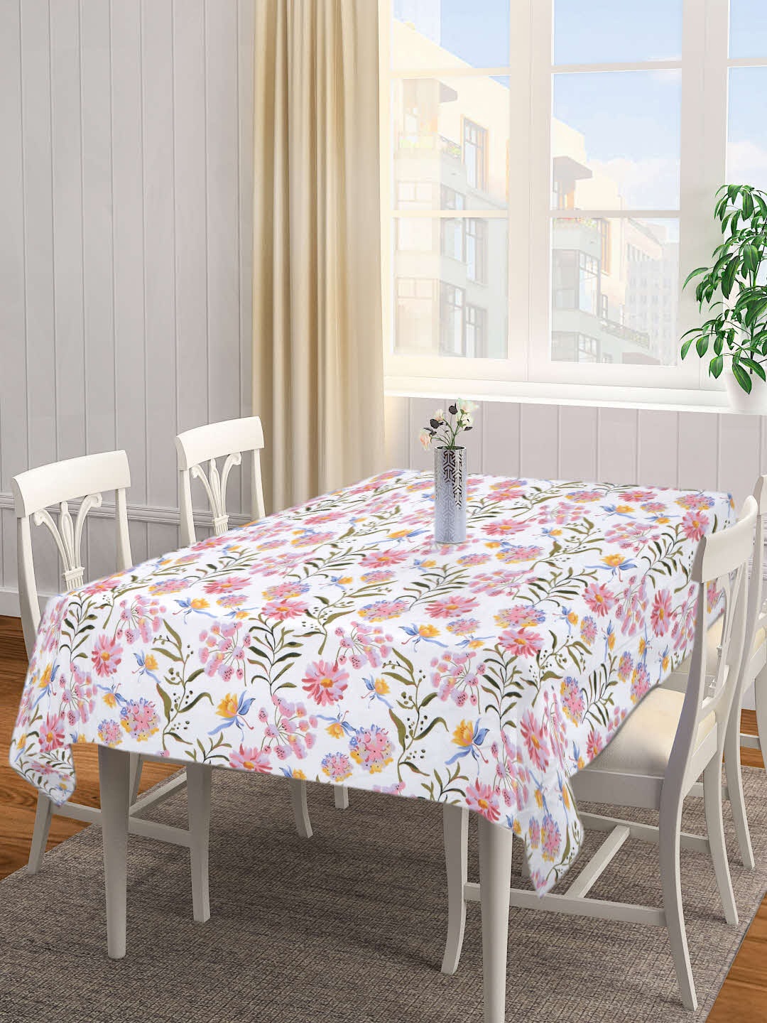 

KLOTTHE White & Pink Floral Printed 6 Seater Rectangular Table Cover