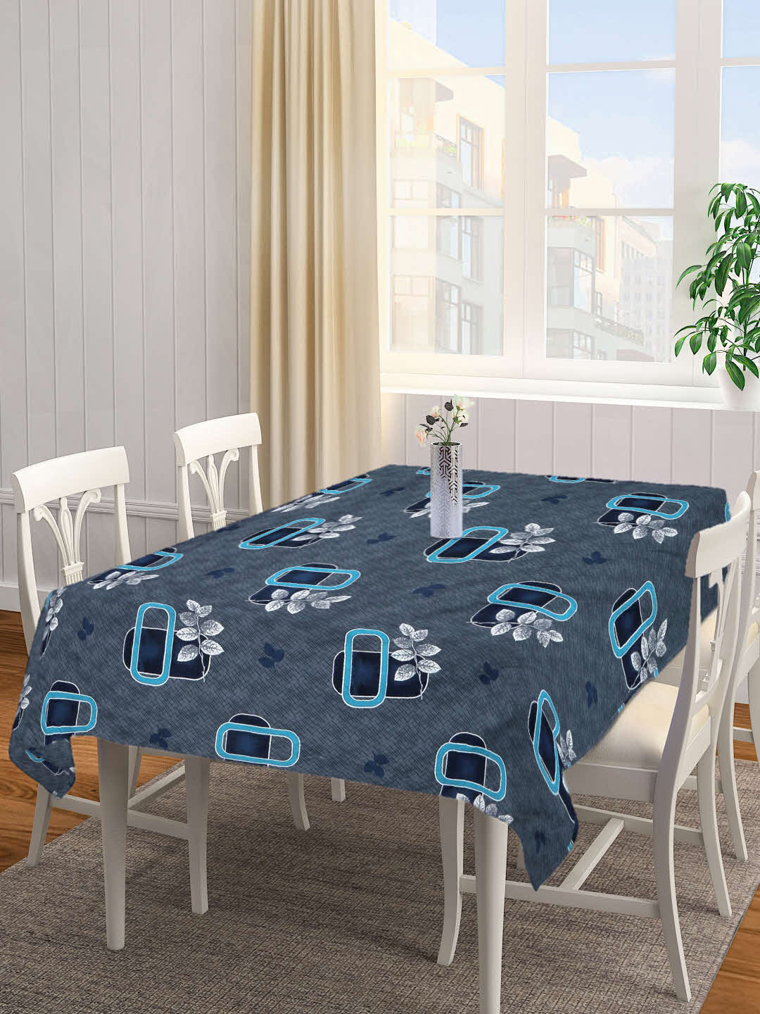 

KLOTTHE Blue & Grey Floral Printed 6 Seater Rectangular Table Cover