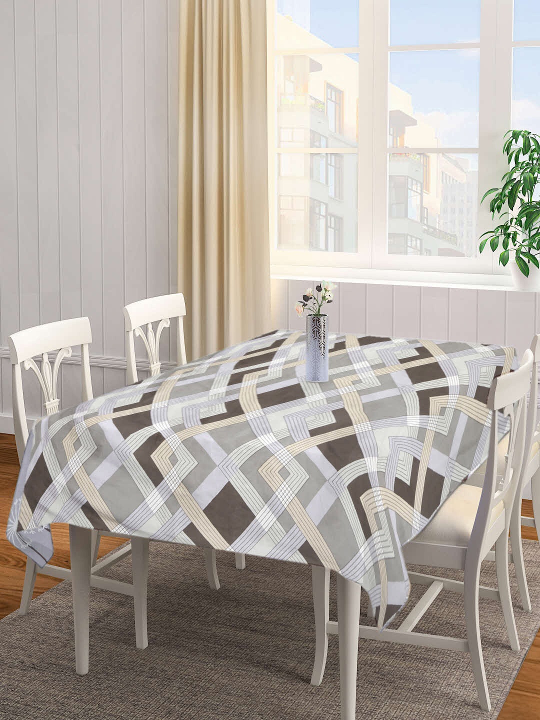 

KLOTTHE White & Brown Geometric Printed 6 Seater Dining Table Cover