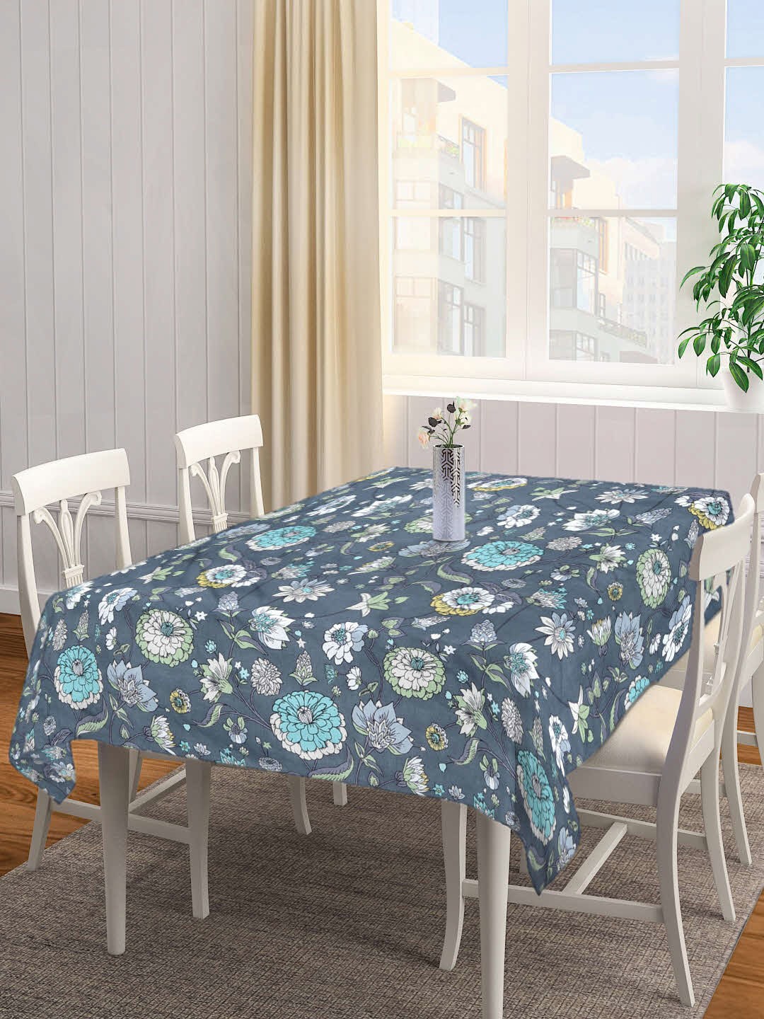 

KLOTTHE Grey & Turquoise Blue Floral Printed 6 Seater Dining Table Cover