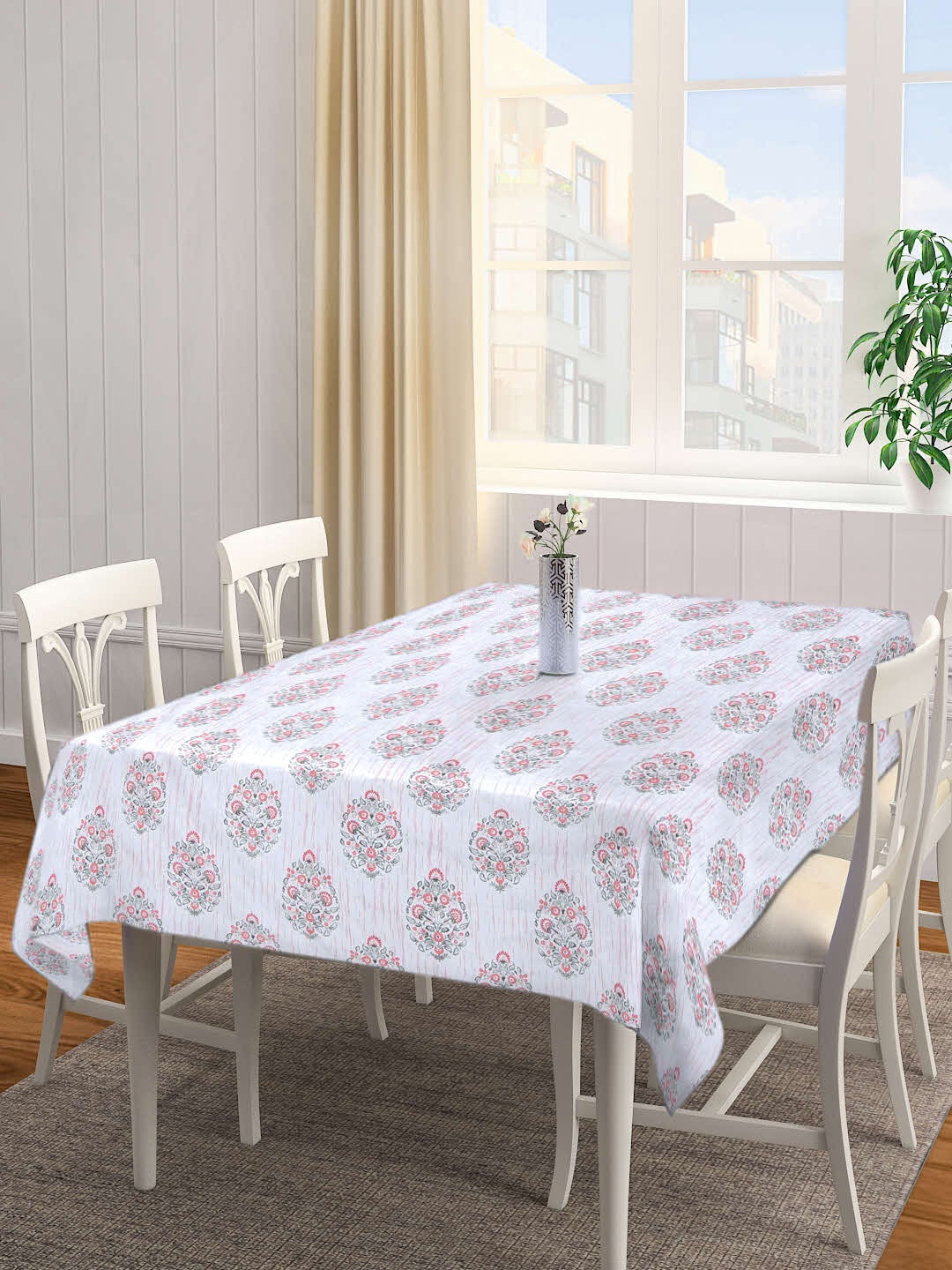 

KLOTTHE White & Pink Floral Printed 6 Seater Dining Table Cover