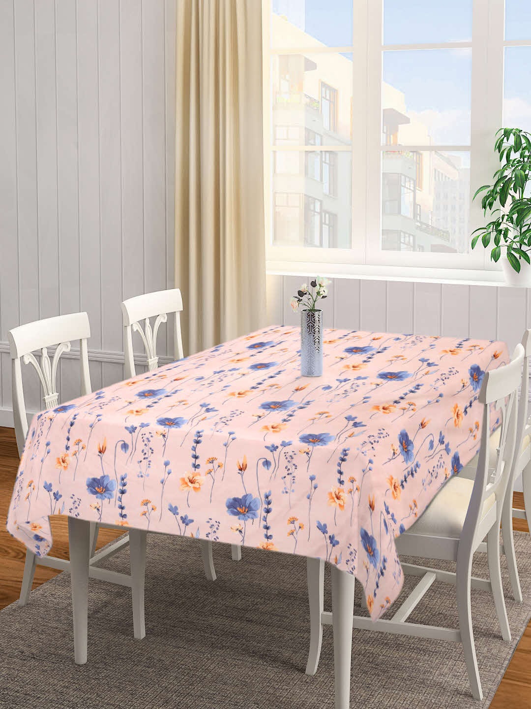 

KLOTTHE Pink & Blue Floral Printed 6 Seater Dining Table Cover