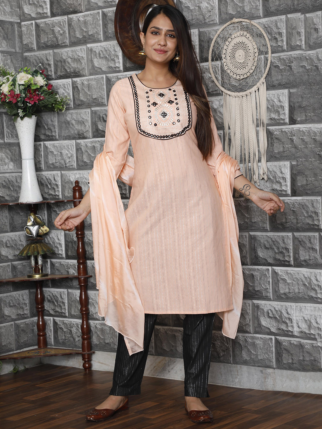 

HERE&NOW Women Orange Floral Yoke Design Mirror Work Kurta with Trousers & Dupatta