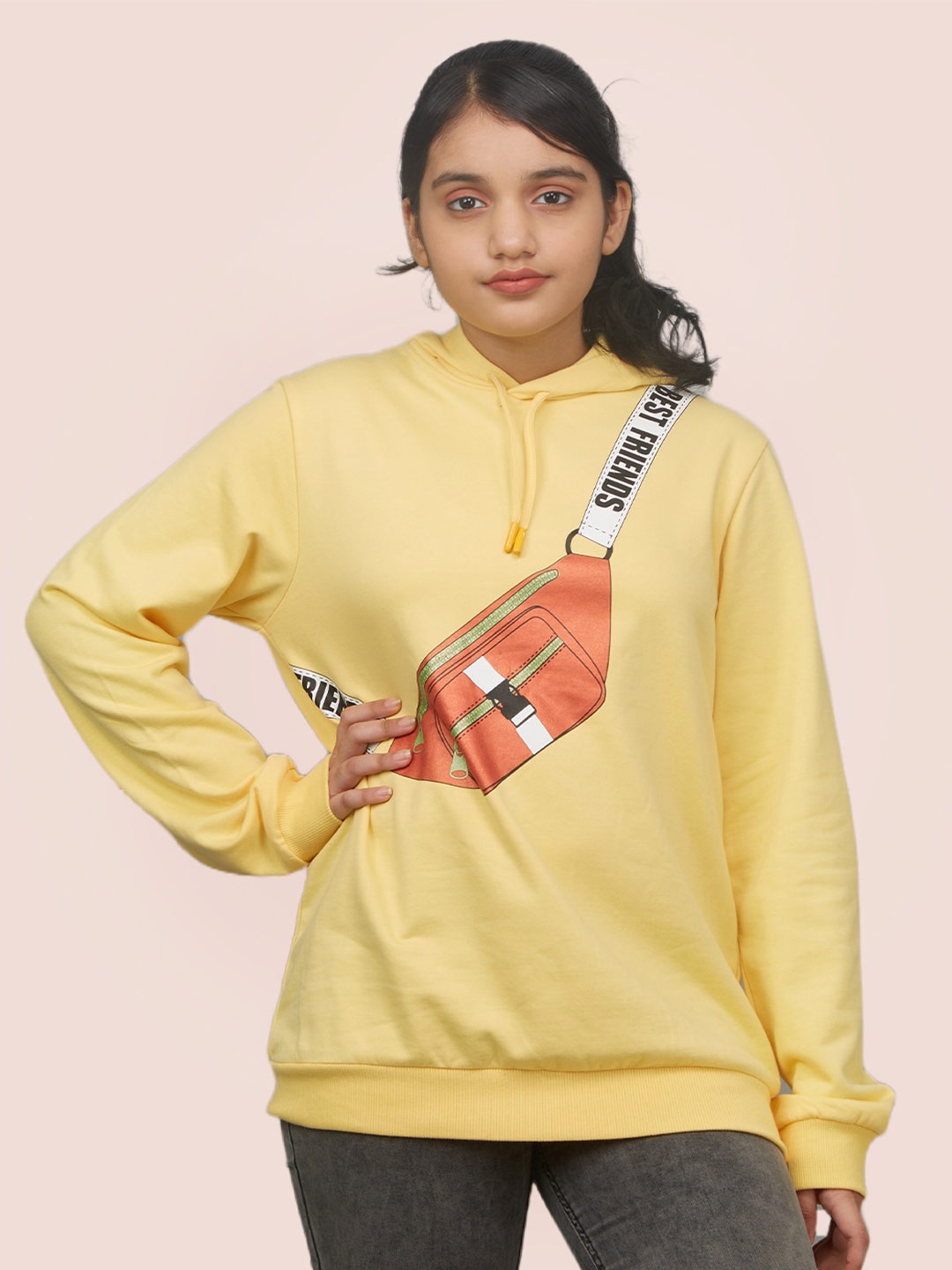 

Zalio Girls Yellow Printed Hooded Sweatshirt