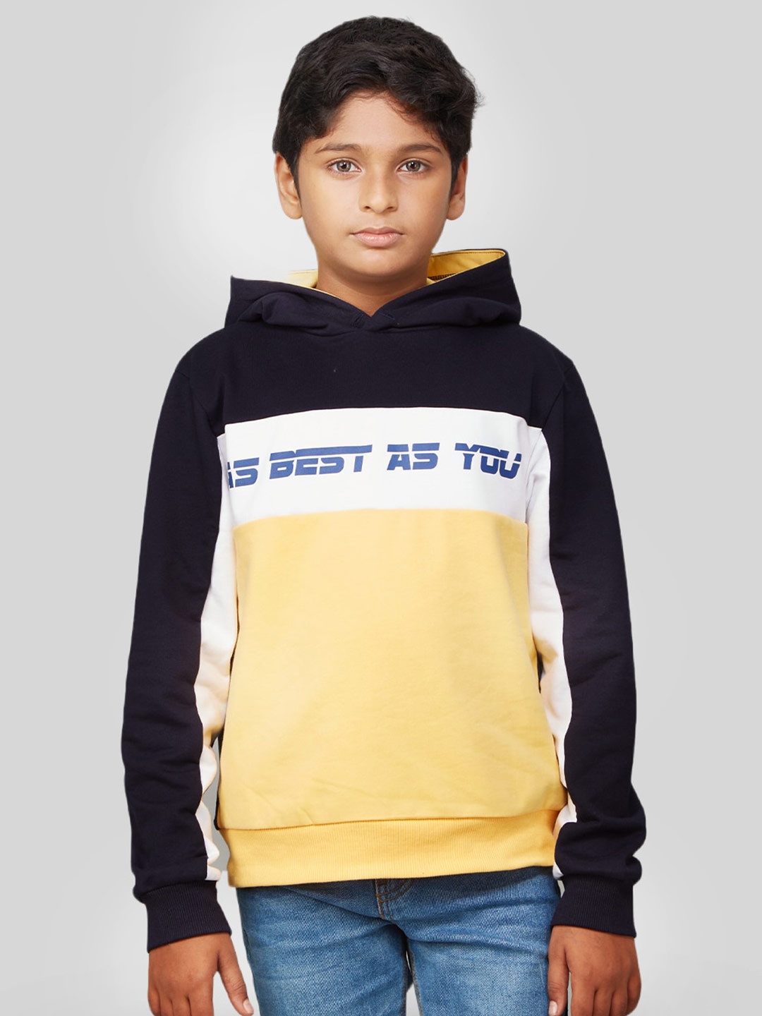 

Zalio Boys Navy Blue Colourblocked Hooded Sweatshirt