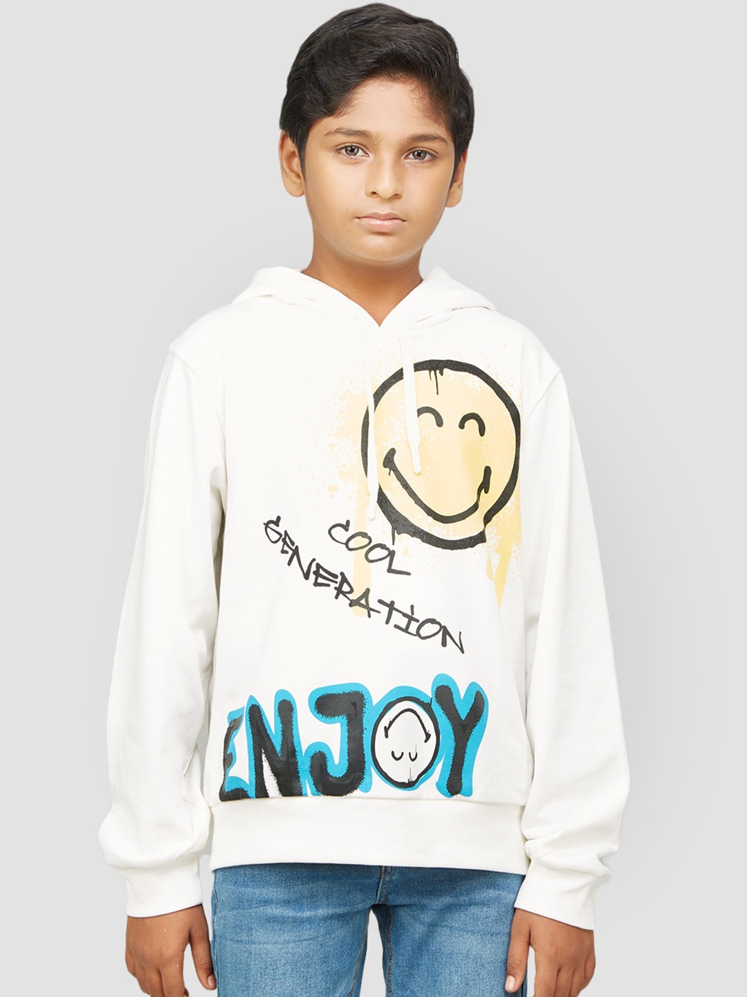 

Zalio Boys White Printed Hooded Sweatshirt