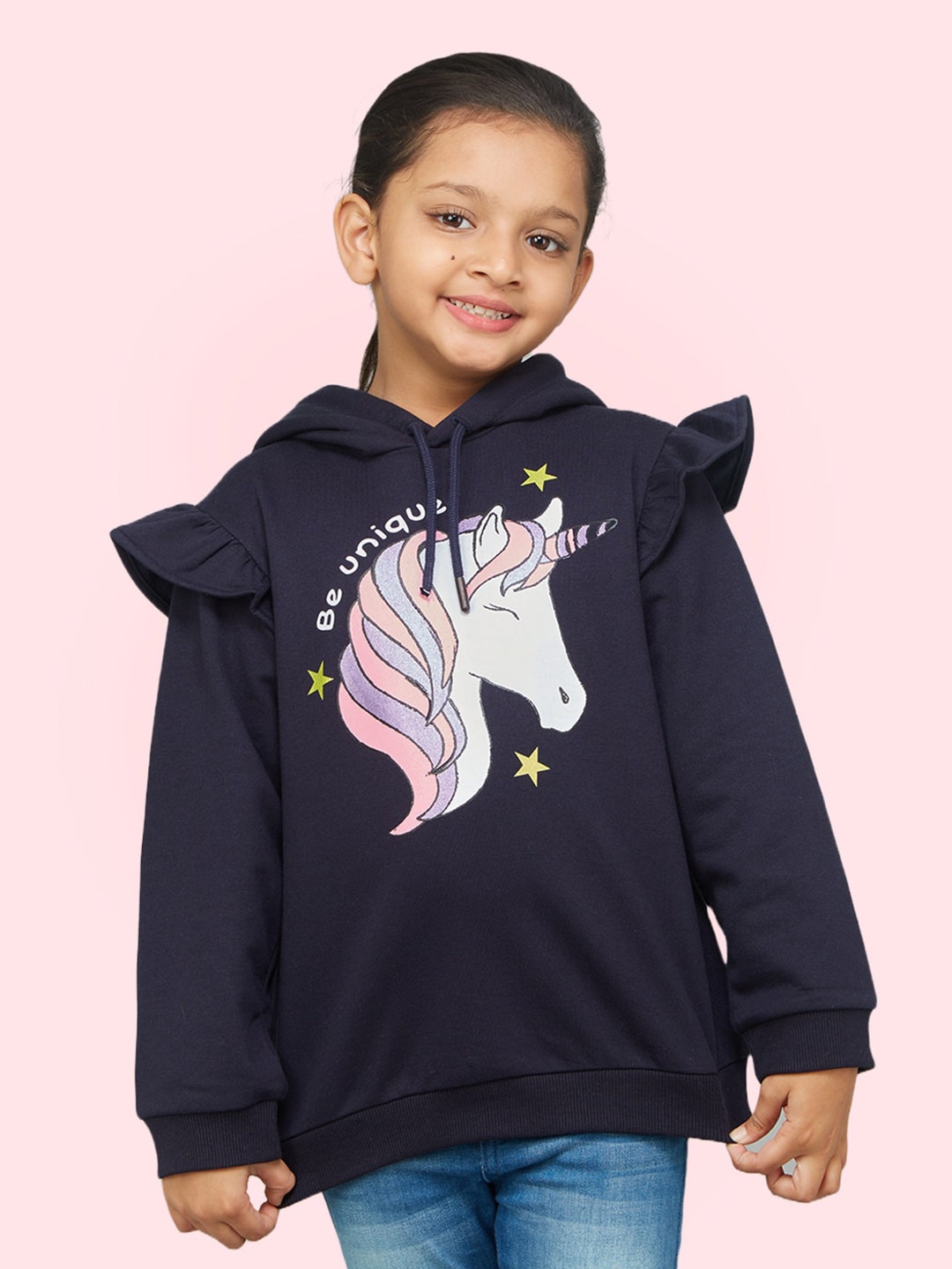

Zalio Girls Navy Blue Printed Hooded Sweatshirt