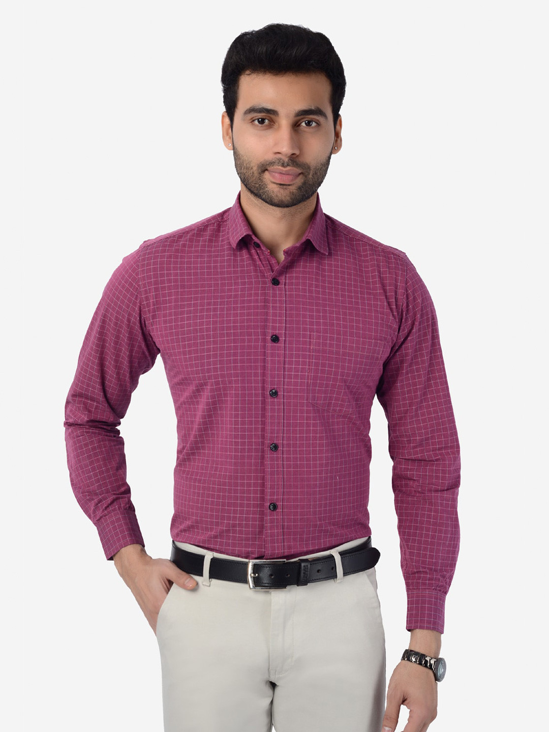 

5TH ANFOLD Men Slim Fit Checked Pure Cotton Formal Shirt, Maroon