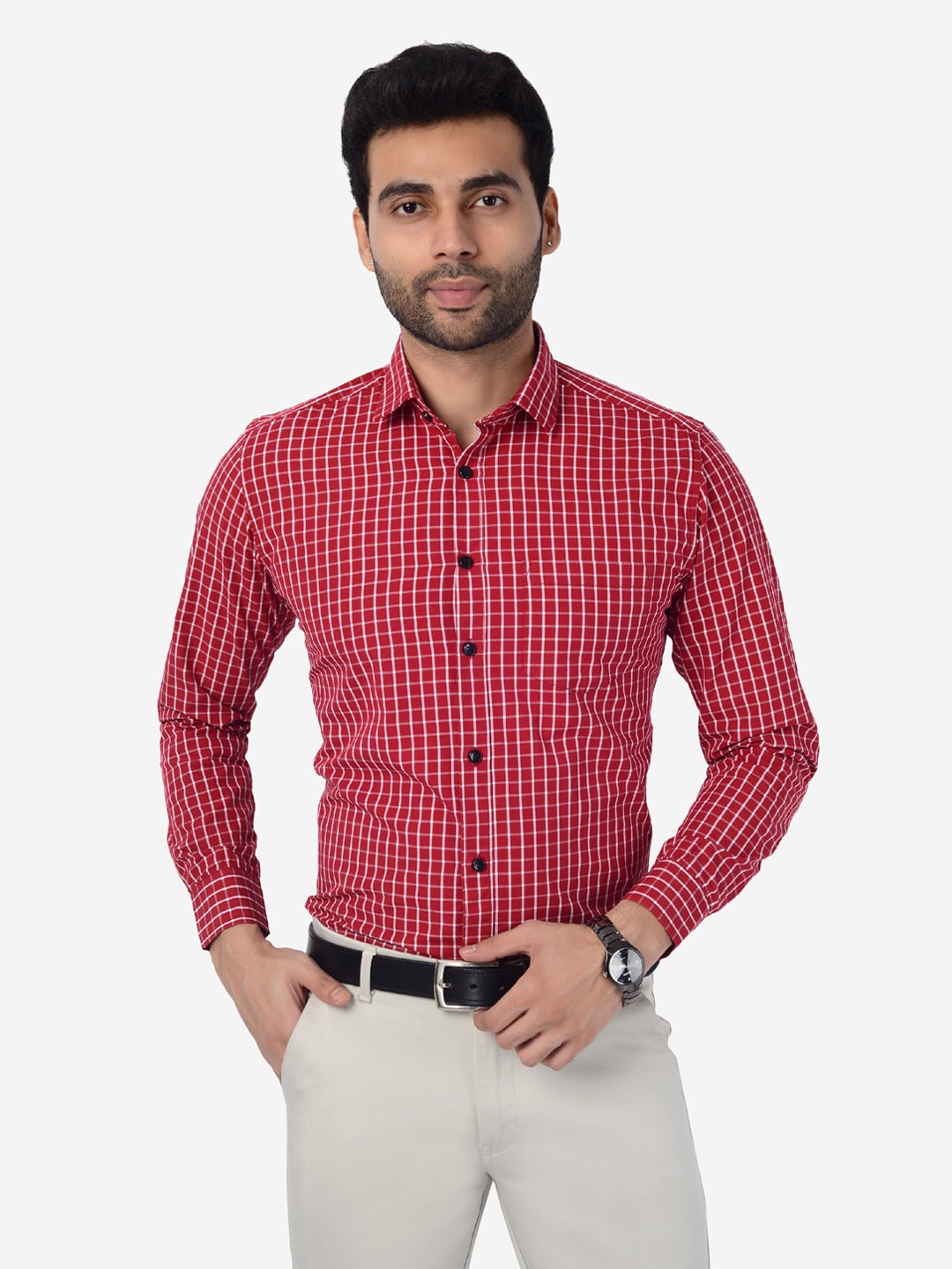 

5TH ANFOLD Men Red Slim Fit Checked Pure Cotton Formal Shirt