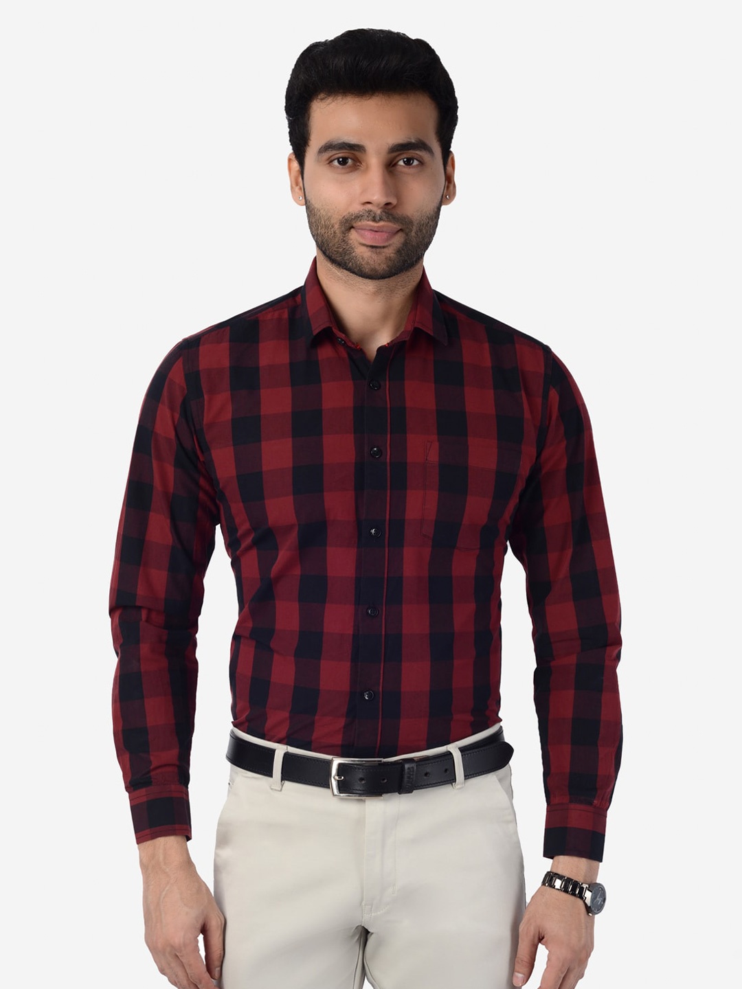 

5TH ANFOLD Men Maroon Slim Fit Buffalo Checks Pure Cotton Formal Shirt