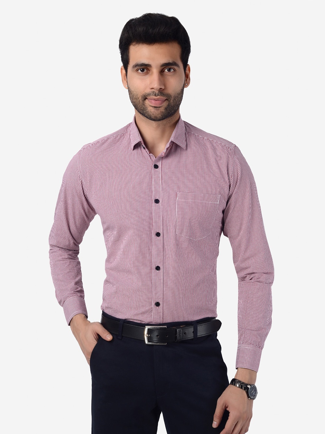 

5TH ANFOLD Men Pink Slim Fit Micro Checks Pure Cotton Formal Shirt