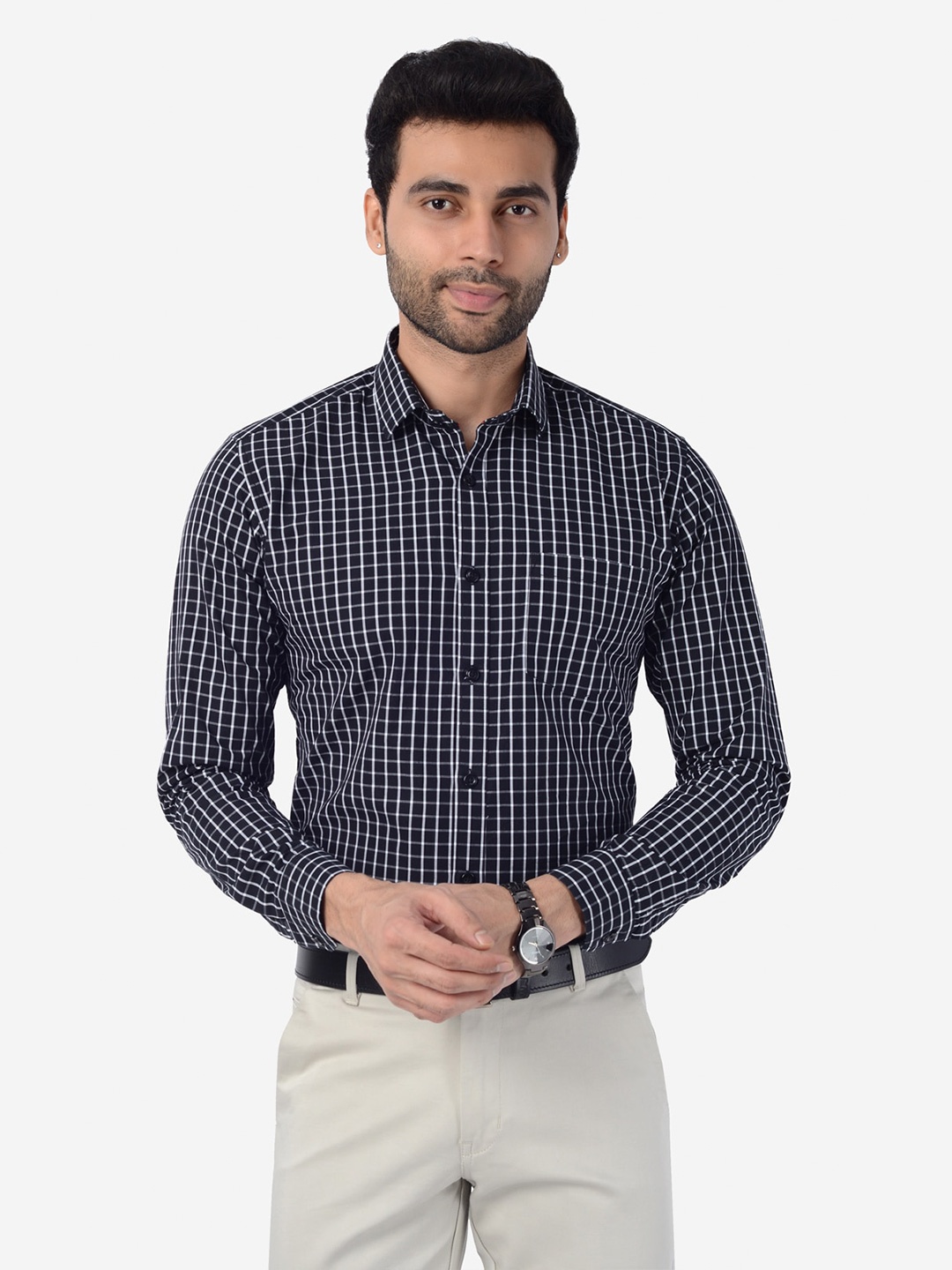 

5TH ANFOLD Men Black Slim Fit Checked Pure Cotton Formal Shirt