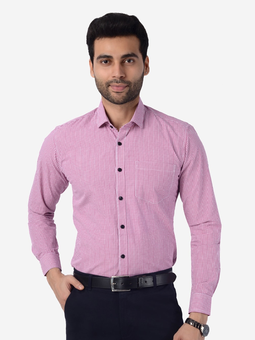 

5TH ANFOLD Men Pink Slim Fit Micro Checks Pure Cotton Formal Shirt