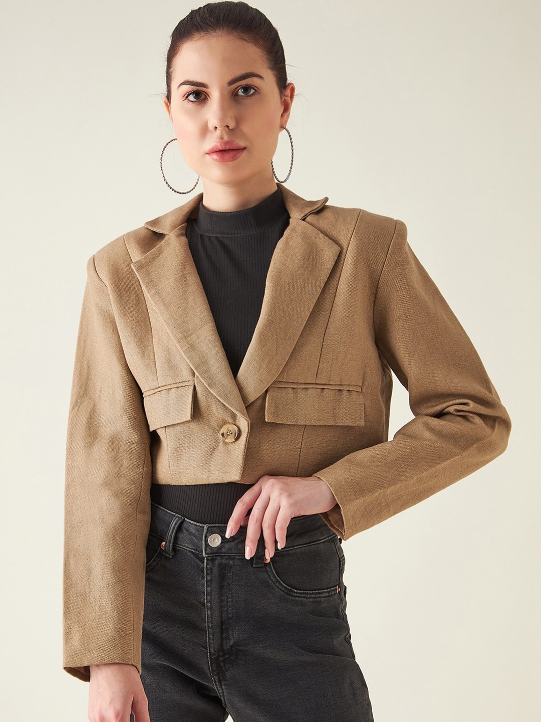 

JUNE & HARRY Women Beige Tailored-Fit Single-Breasted Linen Crop Blazer