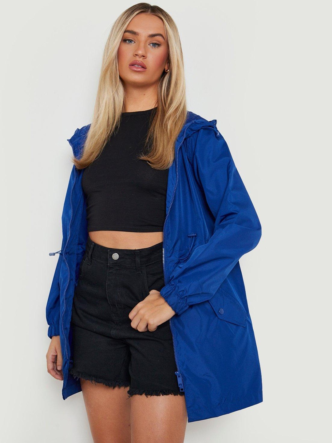 

Boohoo Women Navy Blue Longline Tailored Hooded Synch Waist Jacket