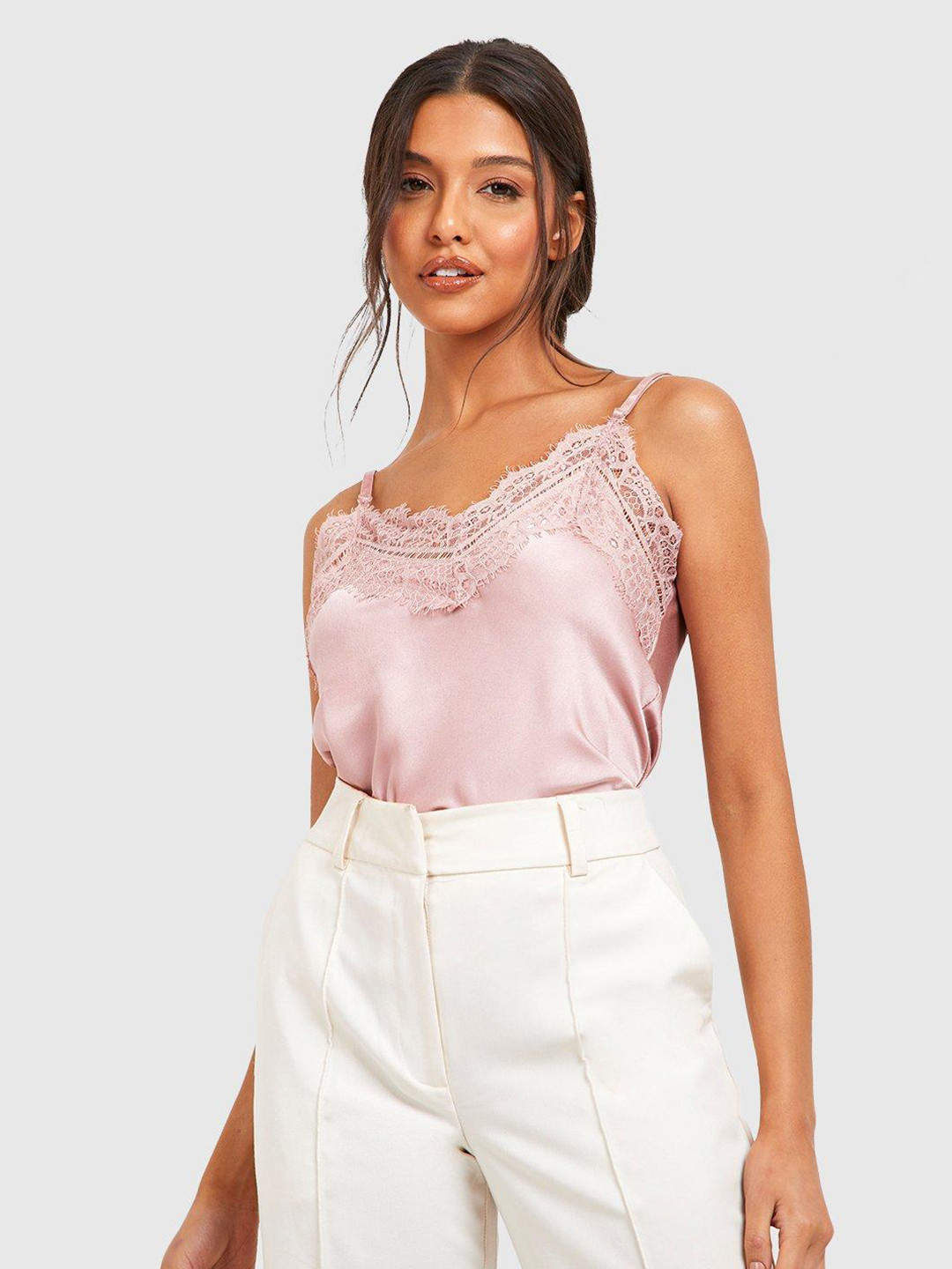 

Boohoo Dusty Pink Lace Detail Satin Finish Top, Rose