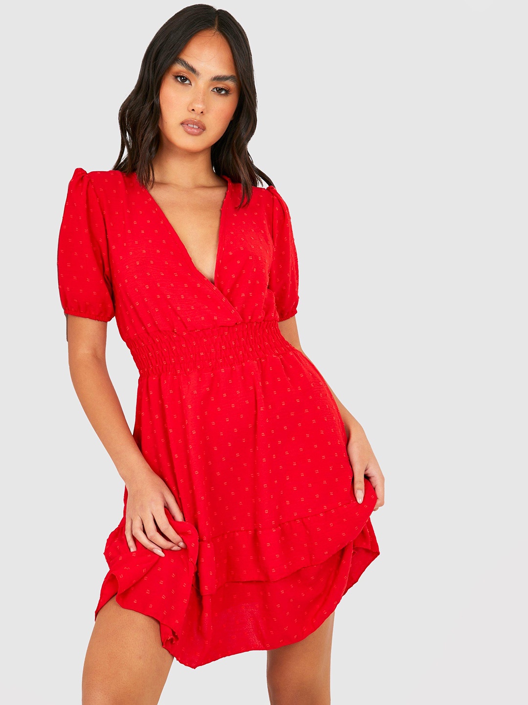 

Boohoo Red Dobby Weave Wrap Dress