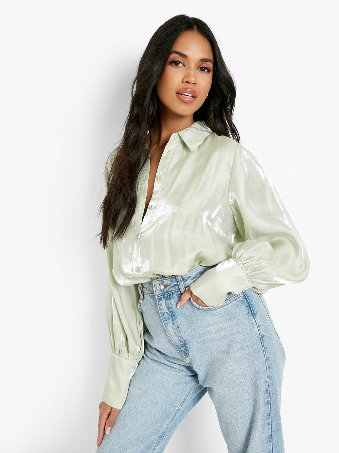 

Boohoo Women Green Shimmer Oversized Volume Sleeve Shirt