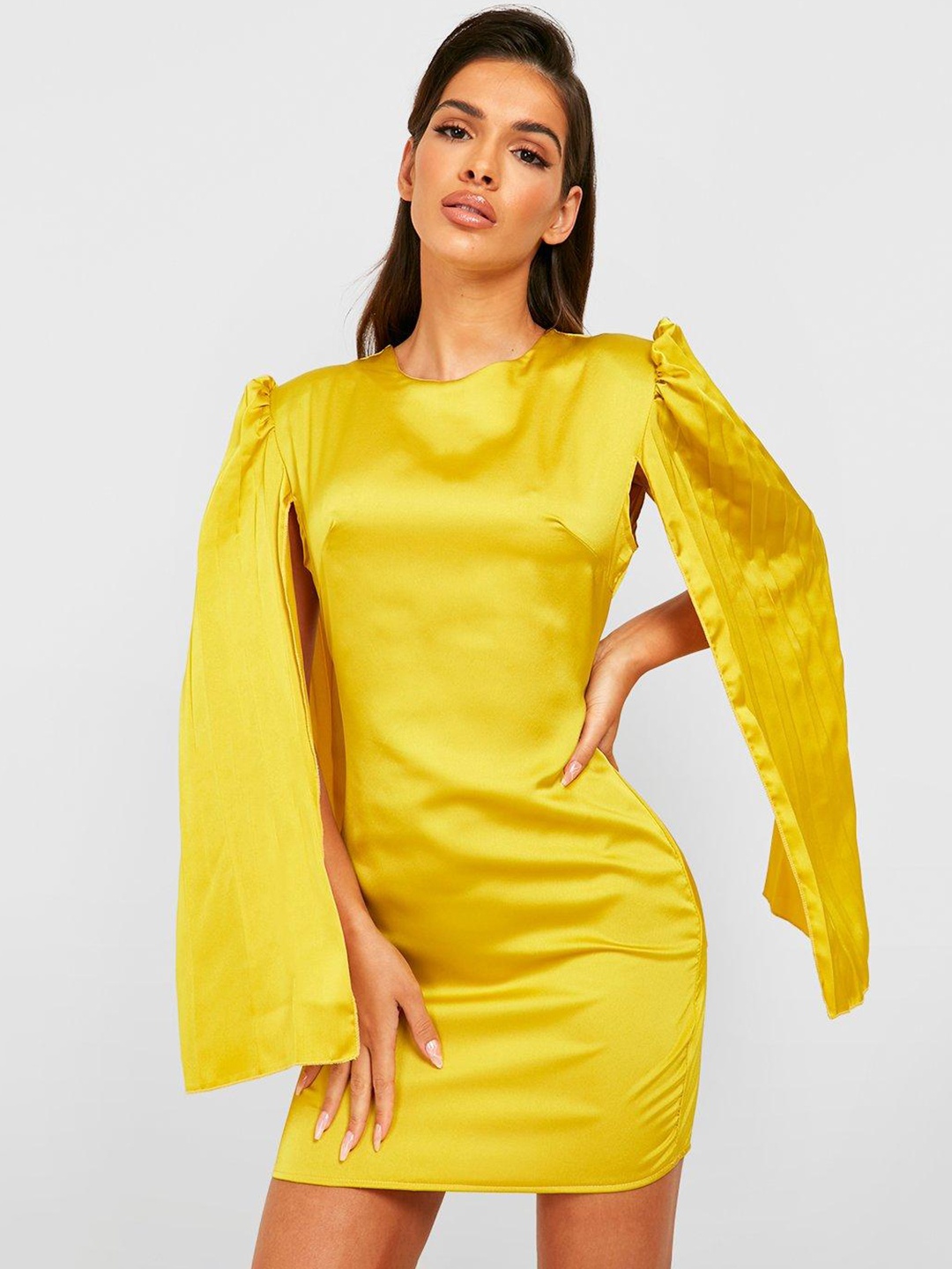 

Boohoo Yellow Pleated Slit Sleeve Satin Mini Sheath Dress