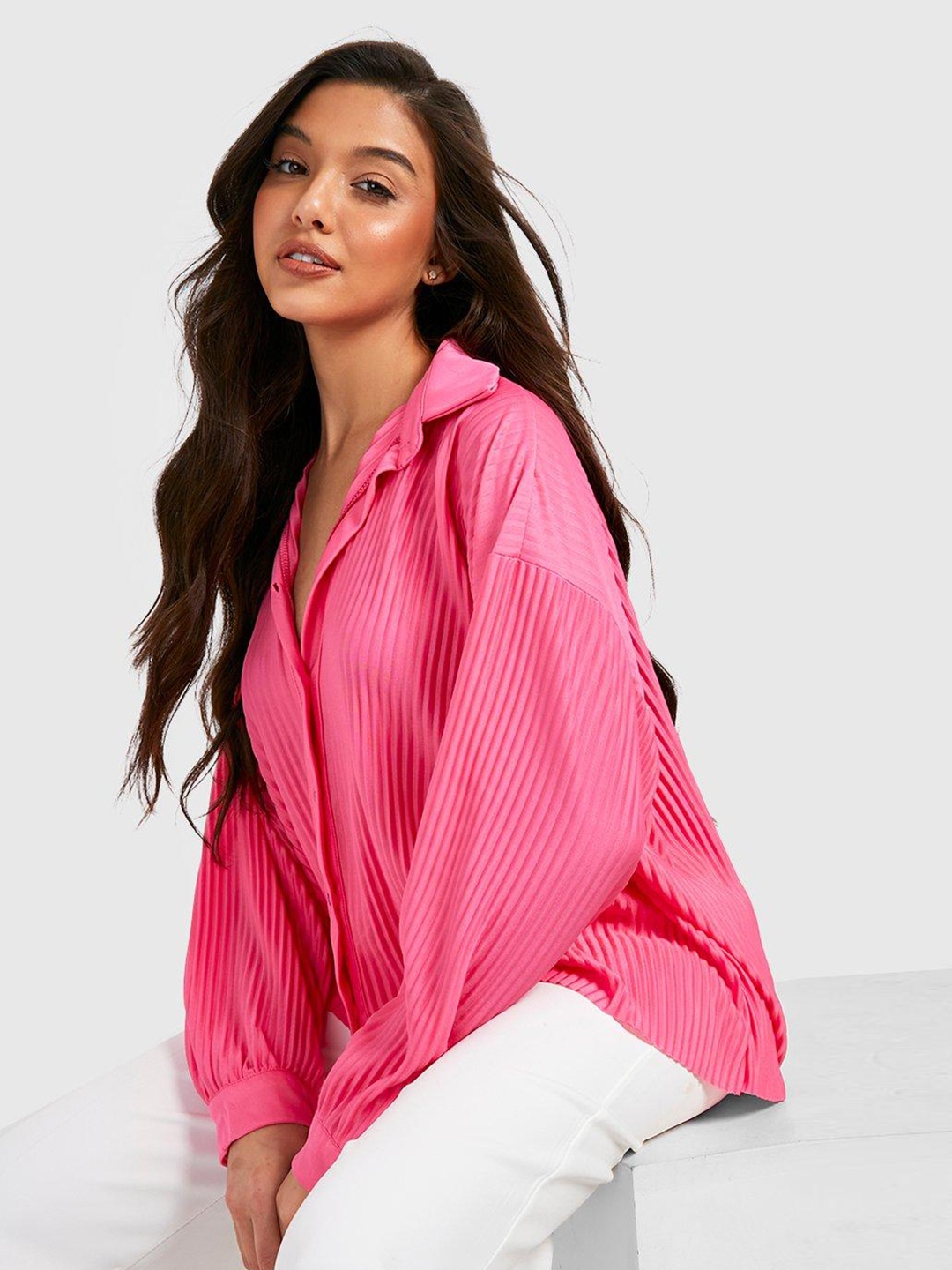 

Boohoo Pink Pleated Bishop Sleeves Oversize Casual Shirt