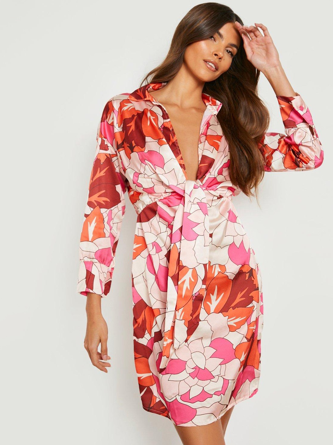 

Boohoo Pink & Orange Satin Floral Shirt Dress