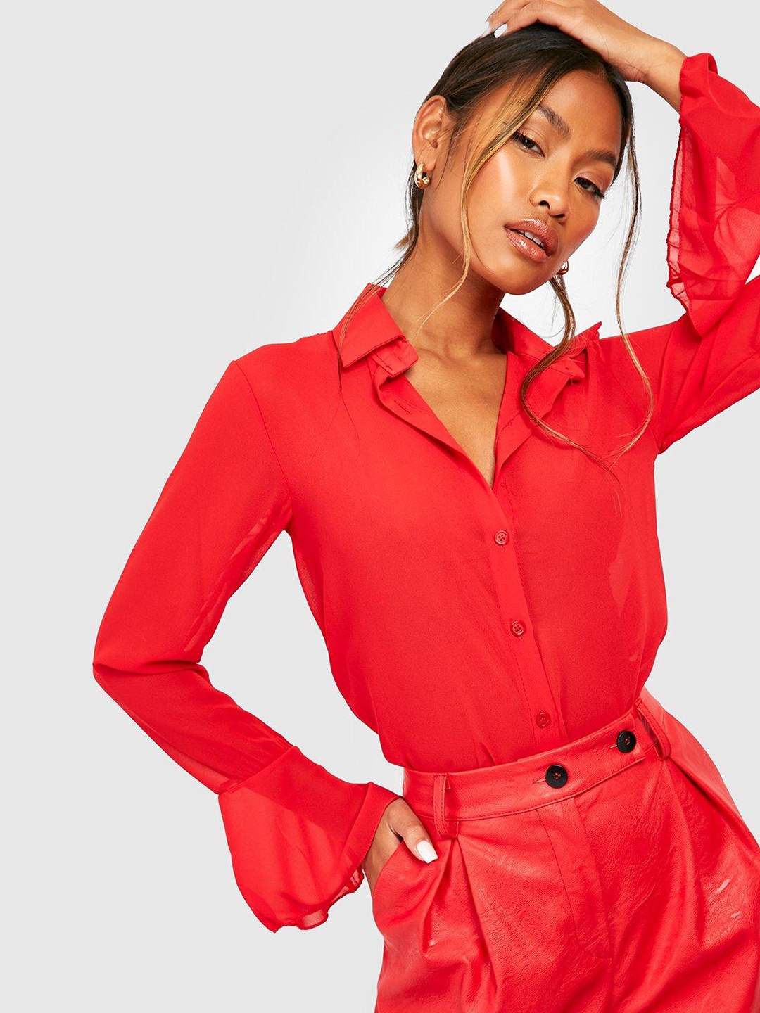 

Boohoo Women Red Solid Bell Sleeves Casual Shirt