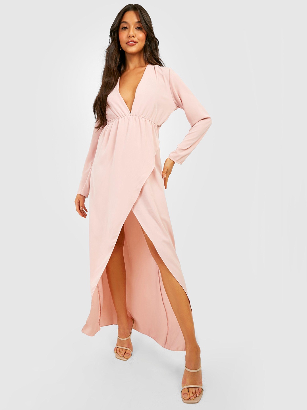 

Boohoo Pink Wrap Long Sleeve Maxi Dress
