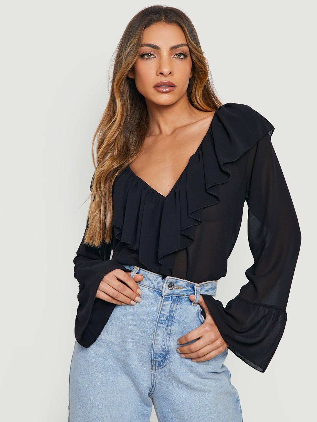 

Boohoo Black Ruffled Detail Top