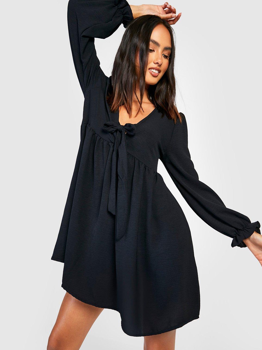 

Boohoo Navy Blue Tie-Up Neck A-Line Dress