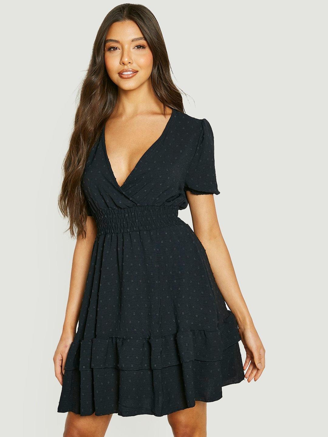 

Boohoo Black Dobby Weave Wrap Dress