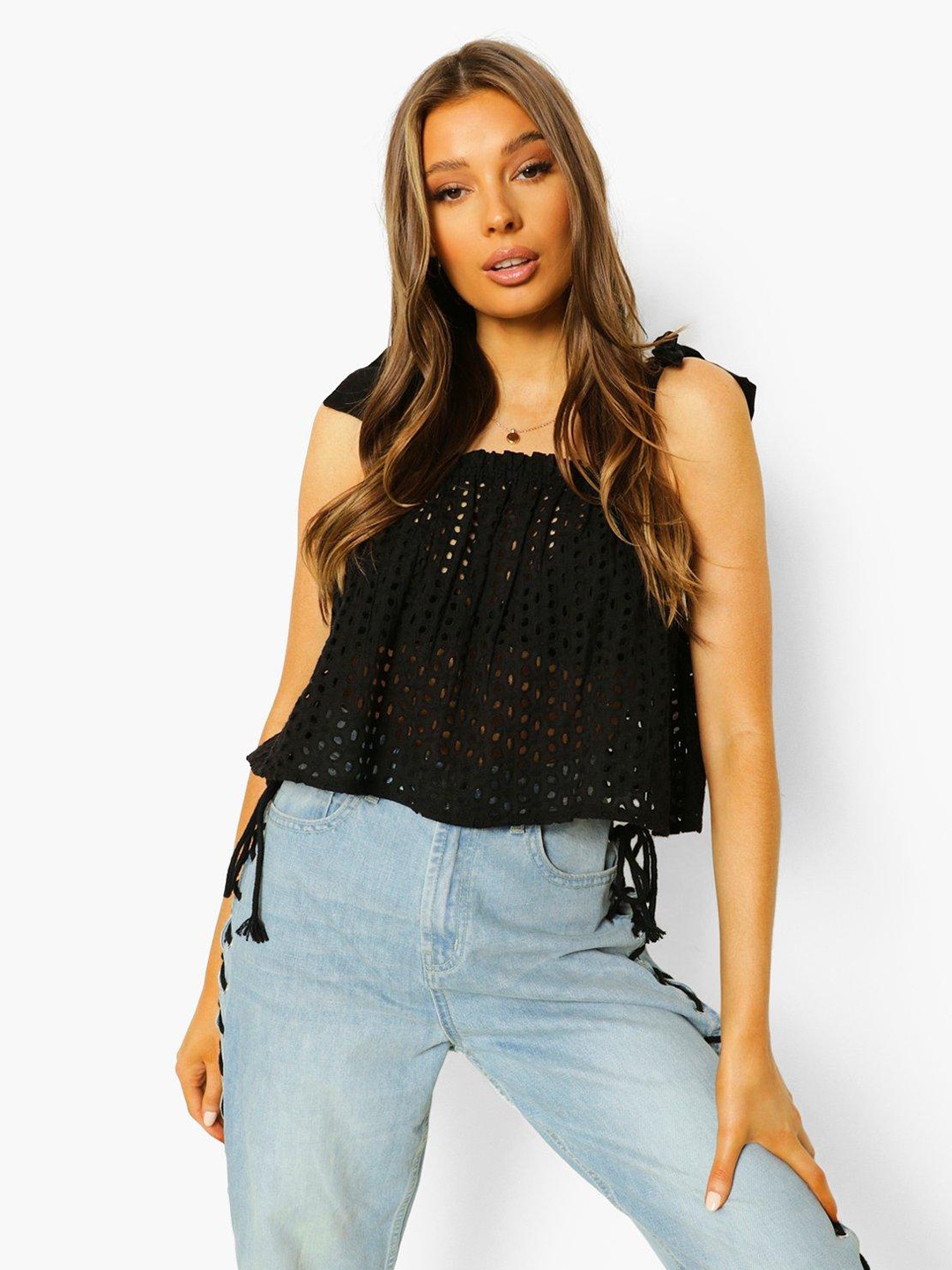 

Boohoo Black Self-Design Shoulder Straps A-Line Top
