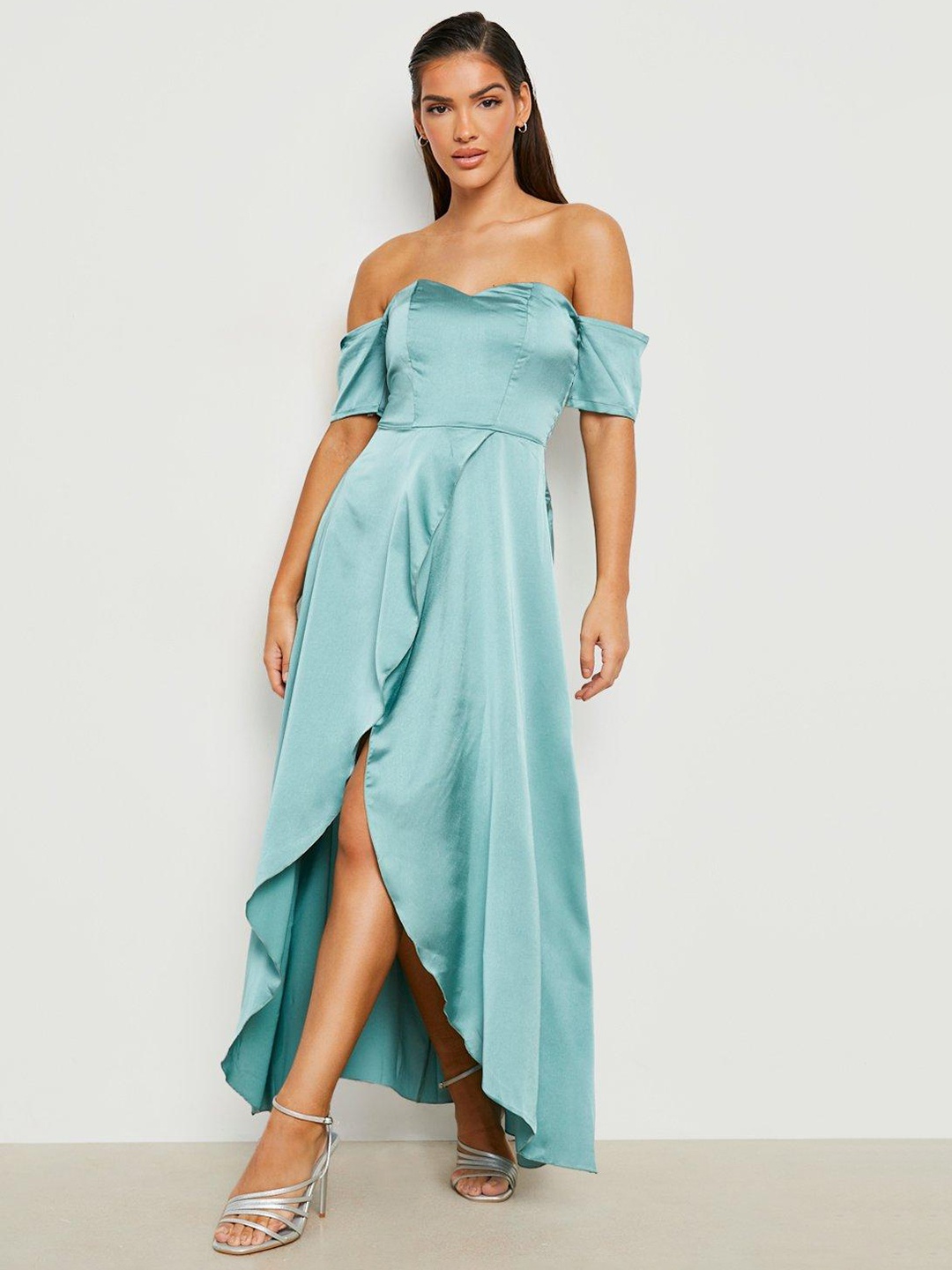 

Boohoo Blue Off-Shoulder Satin Maxi Dress